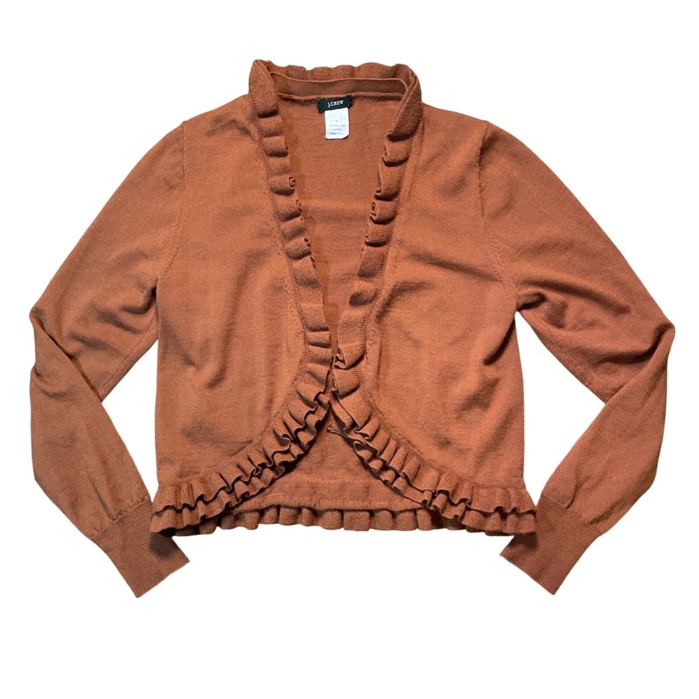 J. Crew Merino‎ Wool Rust Orange Ruffled Cropped Cardigan Sweater Women's Medium